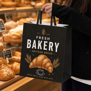 Sacs en papier kraft noir imprimés sur mesure avec poignées plates, écologiques, pour boulangerie, pain, emballage alimentaire à emporter, sacs de vente au détail en gros - Product Image 2
