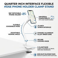 Support de téléphone et tablette à pince avec interface 1/4 de pouce et tuyau flexible pour photographie et diffusion en direct