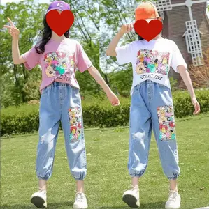 2023 New Girls' Summer Clothes Fashion Large Children's Wide Sports Jeans Set 12-year-old Girl Clothes