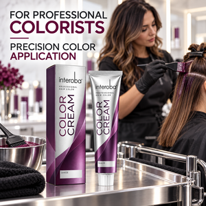 Crème colorante professionnelle pour cheveux Interoba en tube argenté et carton de vente au détail pour coloristes et nuancier - Product Image 3