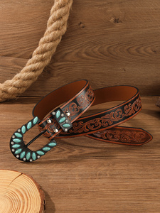 Cintura Vintage bohémien turchese <span class=keywords><strong>con</strong></span> stampa a forma di piuma elegante fibbia in lega elegante resistente in PU e materiale plastico - Product Image 5