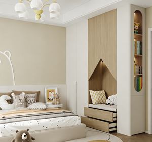 2026 Custom Minimalist Kids Bedroom <b>Wardrobe</b> <b>Set</b> Wooden & White Panel with Nook Seat Storage Closet - Product Image 5