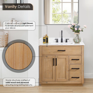 Mueble de Baño Moderno SENYUModern de Madera Maciza con Lavabo Individual y Gabinete de Almacenamiento, Acabado Natural, Tiradores Metálicos - Product Image 3