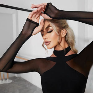 Body de malla negra de manga larga para mujer con diseño de espalda cruzada y sujetador incorporado para baile y uso diario, Novedad 2026 - Product Image 5