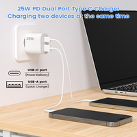 Chargeur mural universel double port rapide 25W PD avec prise EU/UK/US/AU, câble USB-C 1M/1.5M/2M, pour écouteurs et téléphones portables, avec protection OTP/OVP