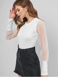 Tute con maniche in rete a punto KY Dot camicette bianche da donna top moda coreana a coste Swiss Lady Full Casual servizio OEM 100% poliestere - Product Image 5