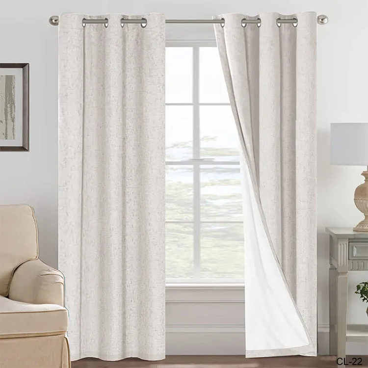 Primitive Linen Curtains 100% Blackout Drapes Burlap Fabric Curtains with White Thermal Insulated Liner Curtain