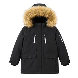 Veste parka cargo noire pour enfants <span class=keywords><strong>avec</strong></span> <span class=keywords><strong>capuche</strong></span> en fausse <span class=keywords><strong>fourrure</strong></span>, manteau d'hiver chaud et coupe-vent rembourré pour garçons - Product Image 1
