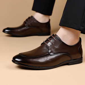 Chaussures habillées en cuir à bout pointu pour hommes, noires, à lacets, décontractées, pour affaires et mariages, épaisseur standard, couleur unie, lacets avant - Product Image 4