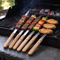 Brochettes plates en acier inoxydable de qualité alimentaire avec manche en bois naturel, réutilisables, pour kebab, barbecue et grillades de viande