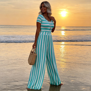 Combinaison à rayures pour femmes, coupe large, manches courtes, col en V, tenue décontractée d'été, vêtements de plage - Product Image 1