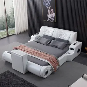 Современная белая многофункциональная двуспальная кровать, набор для массажа, полная мебель для спальни, роскошная кровать размера «King-Size» с функцией ТВ для хранения