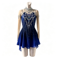 Robe de patinage artistique bleu marine à col montant et dos ouvert, ornée de strass et de mailles, pour concours de danse sur glace