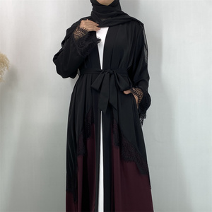 Nueva Llegada 2026, Abaya Abierta Estilo Dubái, Negra con Contraste Borgoña, Abaya con Parches de Encaje, Kimono Modesto para Mujer, Túnica Islámica 1509 # - Product Image 4
