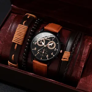 6044 Nieuwe Ontwerp 4 Stuks Set Man Casual Horloge Nummers Heren Lederen Horloge Set Voor Man Vintage Kralen Armband Sets