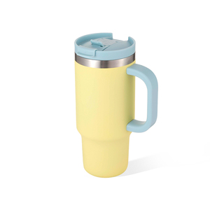 Yellow Stainless Steel Tumbler with Light Blue Lid and Handle Vacuum Insulated Travel <b>Mug</b> Minimalist Design 24 Hour <b>Thermal</b> Perf - Product Image 3