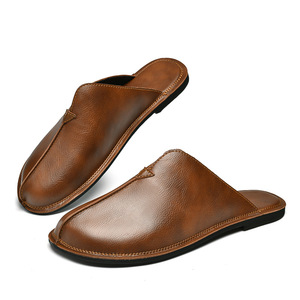 Mules en cuir véritable pour hommes, marron, à bout fermé, chaussures décontractées à enfiler, dessus en cuir de vachette souple, antidérapantes - Product Image 5