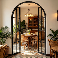 Puerta de Vidrio de Doble Hoja Arqueada de Estilo Retro con Marco de Hierro, Puerta de Vidrio de Acero Galvanizado, Diseño Personalizado, Puerta de Vidrio Francesa