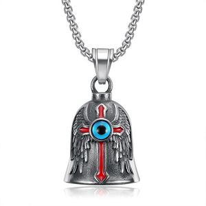 Collier cloche de vélo en acier inoxydable avec œil bleu et ailes de croix rouge, design rétro pour cyclistes - Product Image 5