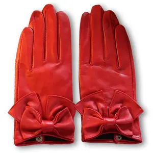 Women Fashion Red Bow Dressing Genuine Sheepskin Winter Leather Warm Gloves