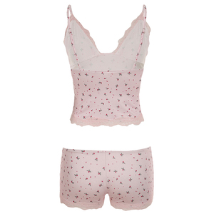 Conjunto de Pijama de Punto sin Cuello con Estampado Floral y Detalles de Encaje - Ropa de Dormir Transpirable, Cómoda y Linda para Mujer - Product Image 6