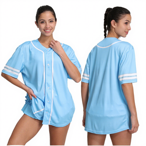Camiseta de Béisbol Azul Claro para Mujer, Manga Corta, con Botones, para Softbol, con Ribete Blanco, 100% Poliéster, Uniforme de Béisbol - Product Image 1