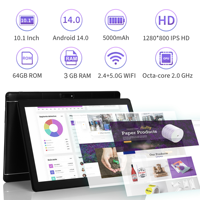 Tablette Veidoo nouvelle 10,1 pouces A523 Android 64 Go avec écran IPS HD, WiFi, emplacement pour carte SIM, 3 Go de RAM, capacité 64 Go, pour usage professionnel