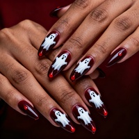 Faux ongles Halloween à presser, style vampire sombre, longs, en amande, amovibles, motif fantôme sanglant bordeaux
