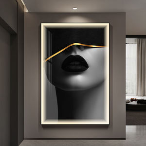 Moderno oro nero ritratto <span class=keywords><strong>di</strong></span> moda donna porcellana <span class=keywords><strong>di</strong></span> cristallo pittura con cornice a LED stampato da parete arte per soggiorno - Product Image 3