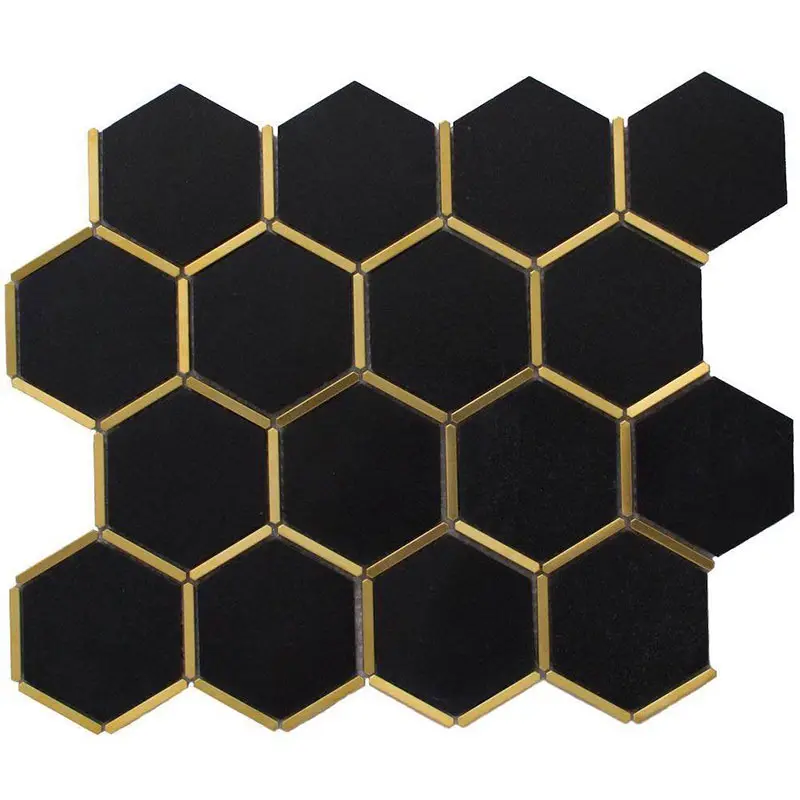 Inlay Messing Gold Hexagon Zwart Nero Marqina Natrual Steen Marmeren Mozaïek Tegel Voor Floor En Keuken Back Splash En Feature muur