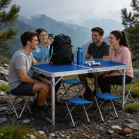 Table de camping pliable réglable en hauteur sur 3 niveaux, avec cadre en aluminium renforcé et bord large, en MDF, pour pique-nique et barbecue en extérieur