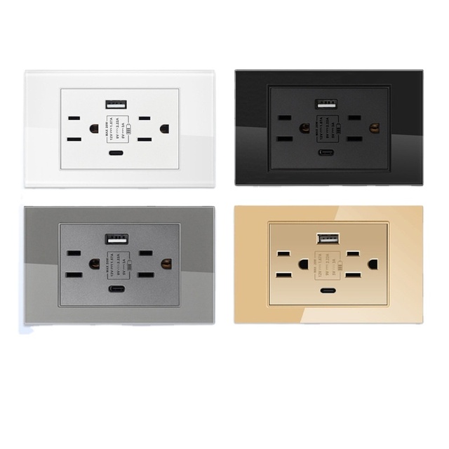 USB Type-C Fast Charging Dual Plug Wall Socket US Standard 20W 118mm Glass Panel 16A White/Black/Grey Double American Socket