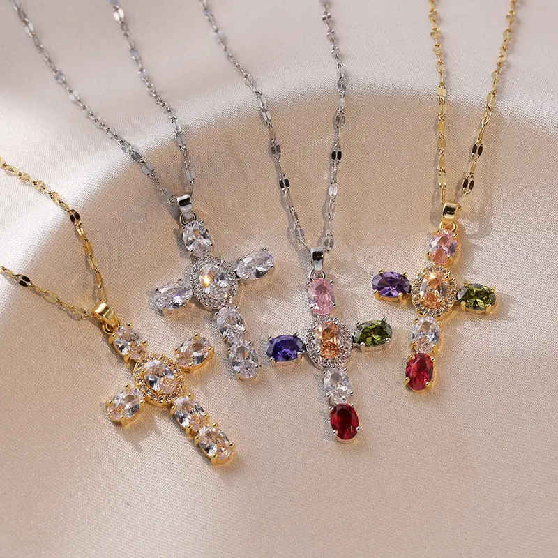 INS Vintage Colorful Cubic Zirconia Cross Pendant Necklace Stainless Steel Clavicle Chain Cross Necklaces For Women