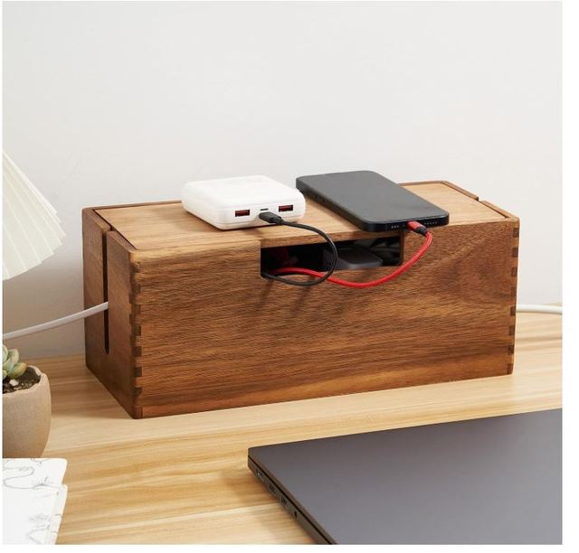 Custom Acacia Wood Cable Management Box Wooden Cord Hider Organizer for Power Strip Electrical Hiding TV Wires Desk Floor Cables