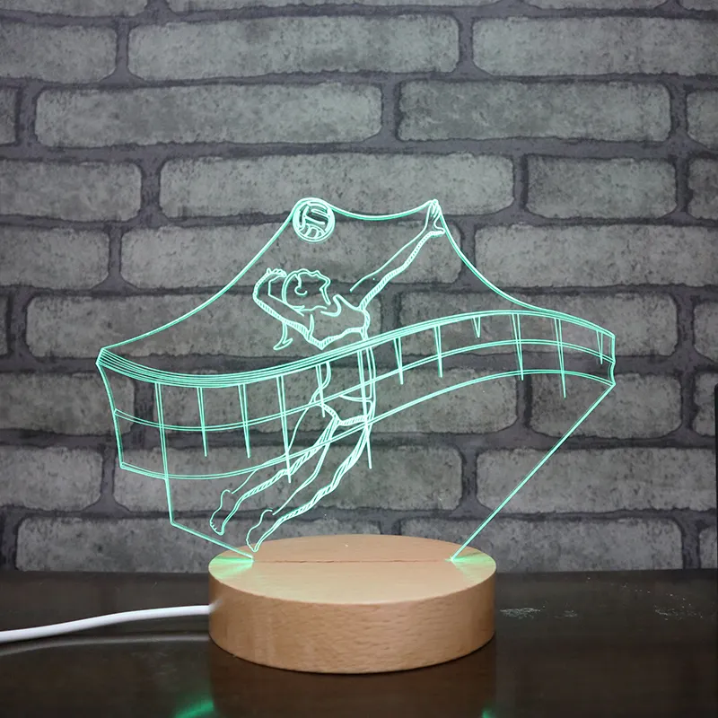 वॉलीबॉल प्लेयर एक्रिलिक रात को प्रकाश विशेष उपहार आइटम दौर लकड़ी के आधार 3D भ्रम लकड़ी टेबल लैंप का नेतृत्व किया