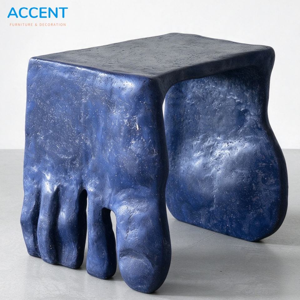 Deep Blue Rough Texture FRP Foot Shape Accent Stool for Curated Gallery ...