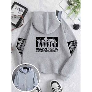 Sudadera de manga larga nueva para mujer, talla grande, con estampado múltiple FREEDOM JUSTICE EQUALITY, con cremallera frontal completa y capucha. - Product Image 5