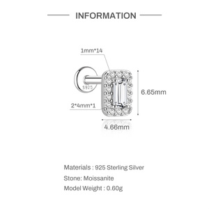 Chic Rectangle Frame S925 Silver Emerald Cut Moissanite Halo Flat Back <b>Cartilage</b> Piercing <b>Stud</b> Earring <b>Cartilage</b> Moissanite - Product Image 5