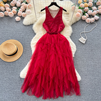 Robe décontractée pour femmes, sans manches, col en V, dentelle, patchwork, tulle, coupe évasée, élégante, longue, à superpositions, pour les occasions spéciales et le quotidien