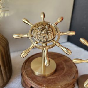 Brass <b>Ship</b> <b>Wheel</b> Sculpture With Religious Figure Home Decor Traditional Metal Handicraft Circular Design - Product Image 2