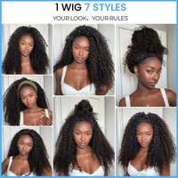 Perruque mi-tête 3-en-1 Afro Kinky Curly sans colle avec cordon de serrage, cheveux vierges sans couture, pré-épilée, sans besoin de laisser de cheveux apparents, naturelle pour femmes