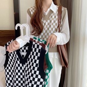 Nouveau Gilet Tricoté Plaid pour <span class=keywords><strong>Femme</strong></span>, Coupe Slim, Col en V, Court, <span class=keywords><strong>Sans</strong></span> Manches, Haut d'Extérieur, <span class=keywords><strong>Pull</strong></span> pour l'Automne, Effet Amincissant - Product Image 1