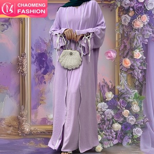 1446+6595#B 2 PCS New Popular <b>Set</b> Crepe Split Lace up Sleeves White Line Abaya Match Loose Sleeveless Inner Dress Abaya Dress - Product Image 1