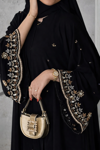 Black Abaya with Hand Embroidered Sleeve Borders Elegant Gold <b>Thread</b> Work <b>Beaded</b> Detailing Premium Soft Flowing Fabric Luxury - Product Image 2