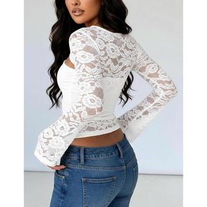 <b>Lace</b> Long Sleeve Crop Top High Neck Cutout Bodycon Women's Party Outfit <b>White</b> - Product Image 4