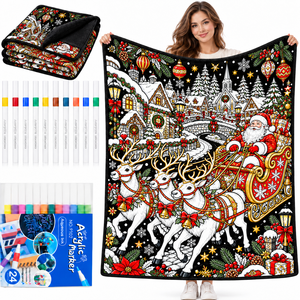 Couverture à colorier lavable de Noël avec 24 marqueurs acryliques, couverture en flanelle à faire soi-même pour adultes et enfants - Product Image 1