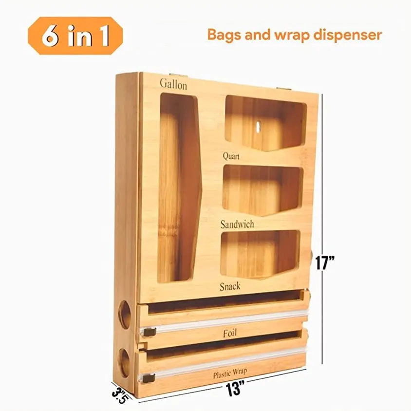 Rangement organisateur de sac en plastique en bambou 6 en 1 pour mur de tiroir de cuisine avec organisateur de film d'aluminium et de film plastique