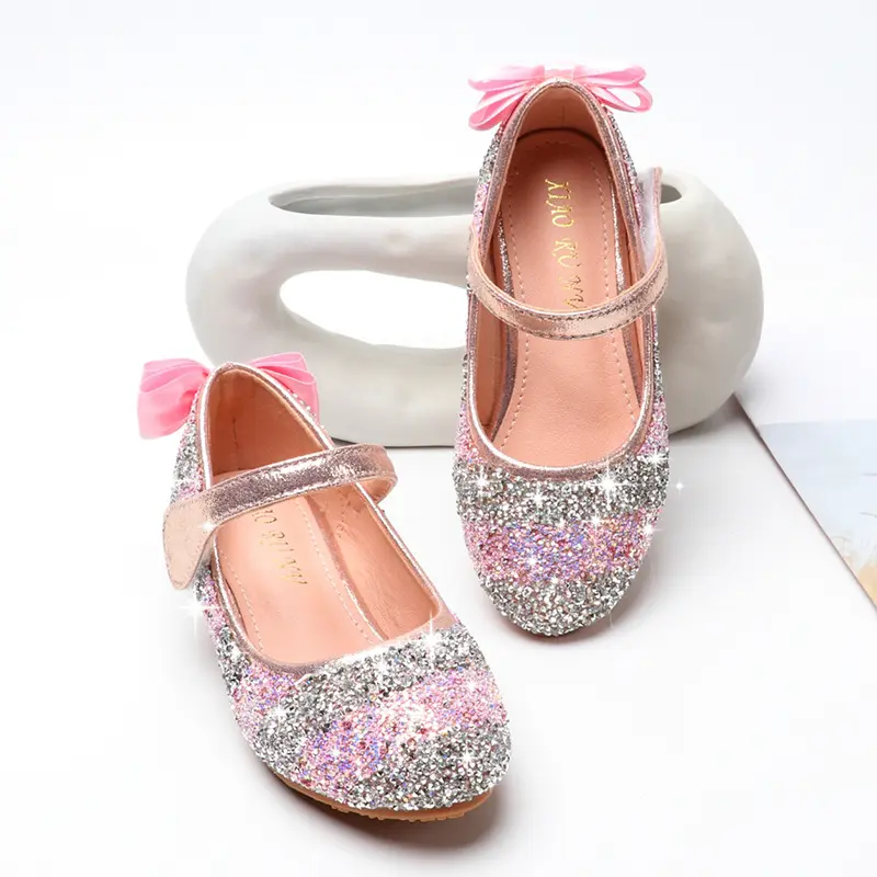 Princess Kids Leather Shoes Girls Flower Casual Glitter Children flat Heel Girls Shoes Butterfly Knot Blue Pink Silver shoes