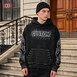 Felpa con Cappuccio Oversize <span class=keywords><strong>Nera</strong></span> con Logo in Strass Personalizzato, Stile Streetwear, Lavaggio Acido, Alta Qualità, Design Sbiadito per <span class=keywords><strong>Uomo</strong></span> - Product Image 2