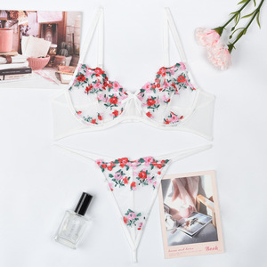 Sexy High Quality <b>Perspective</b> Mesh 2 Piece Lingerie Set Wholesale Flower Embroidery Underwear Set - Product Image 5